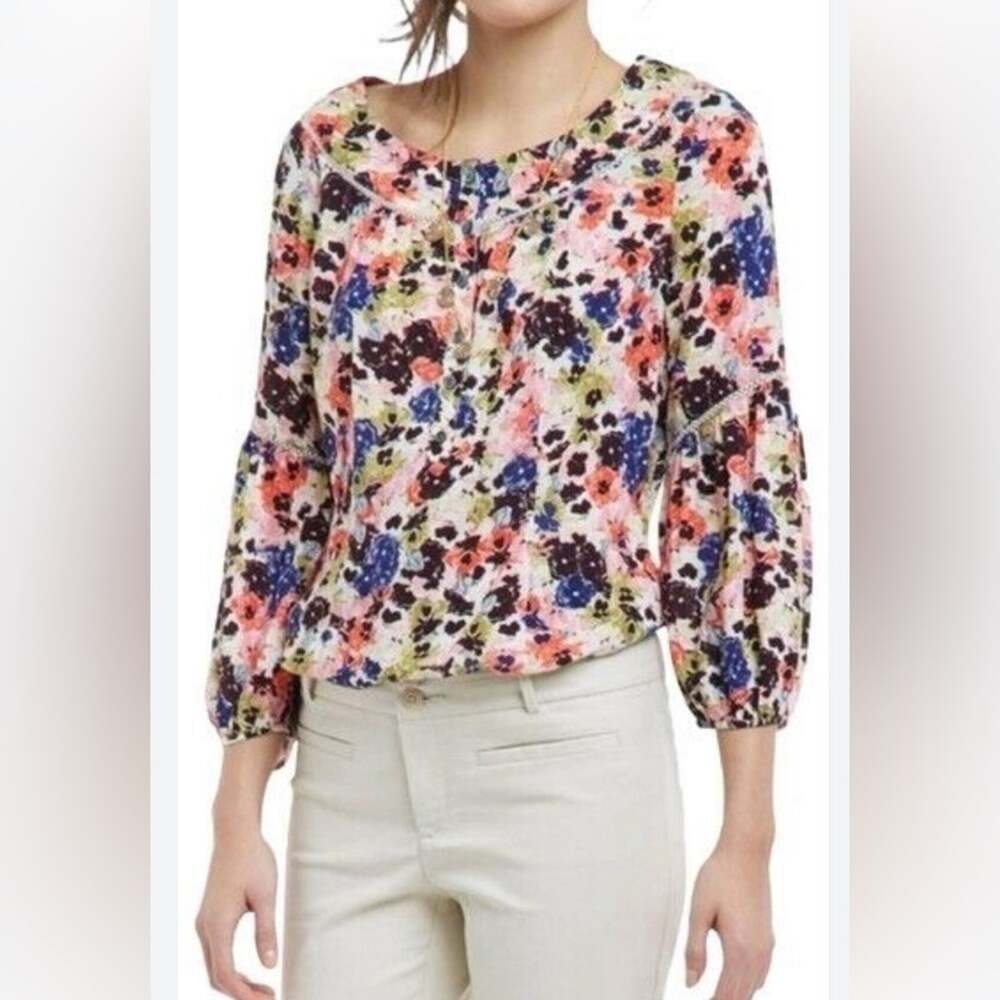 Anthropologie Maeve Abstract Floral Balloon Sleeve Lattice Hem Blouse 2